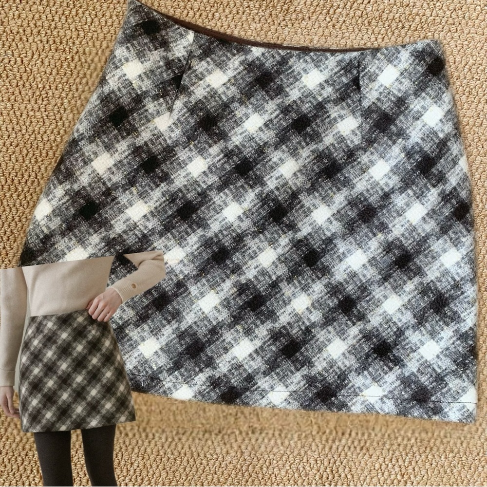 Brown White Tweed Mini Skirt Gold Thread A-Line M
